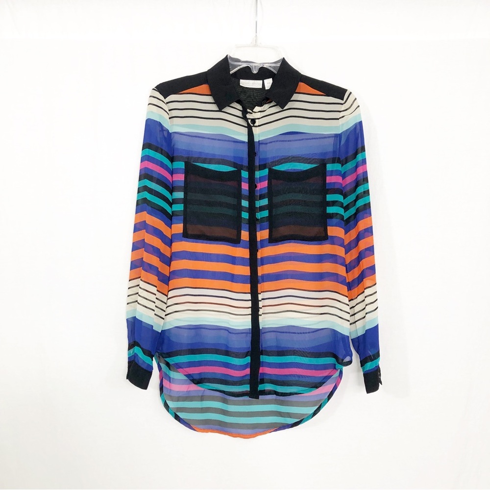 Bisou Bisou Button Front Semi Sheer Top, Size XS, Multi Color